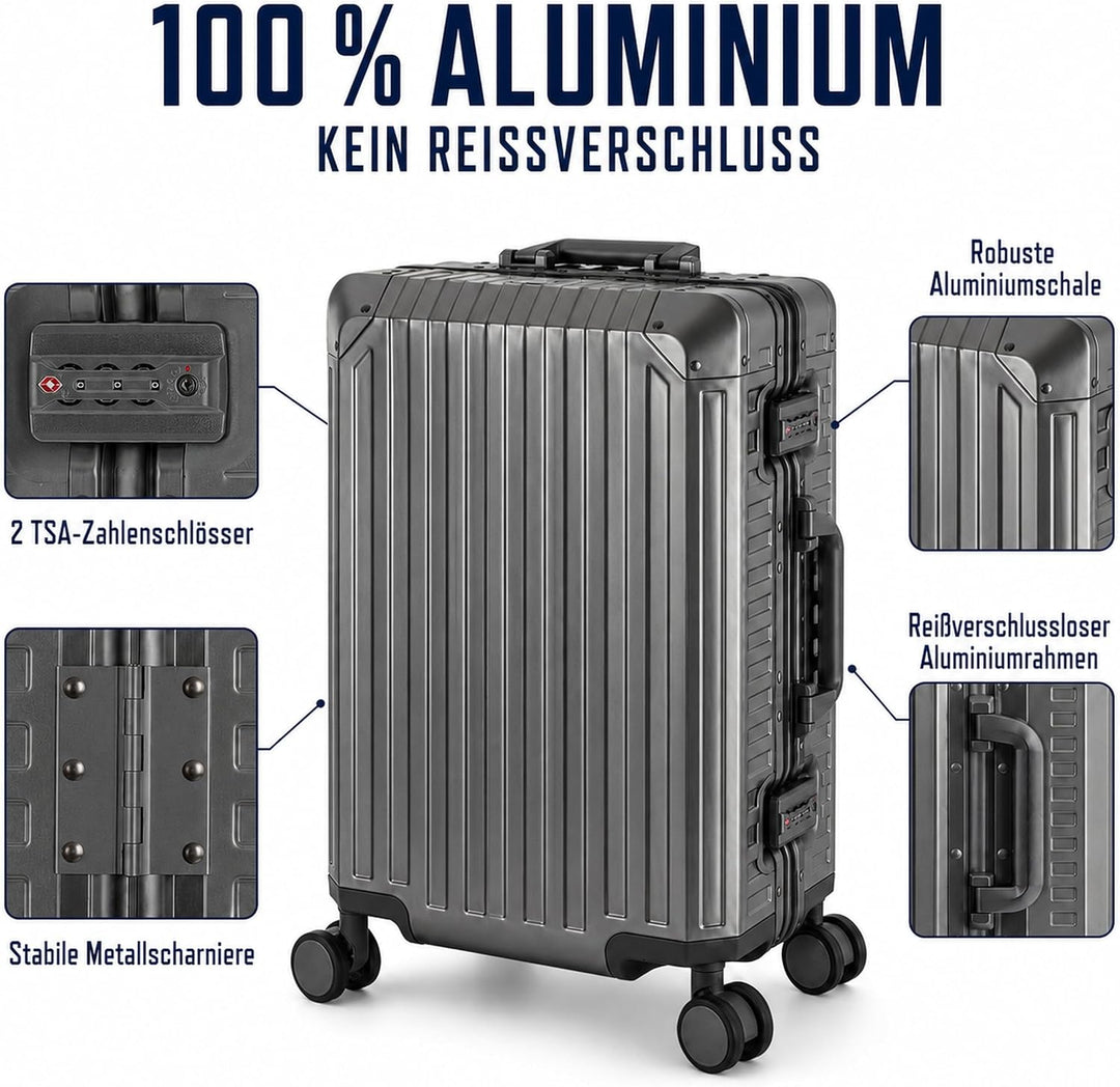 Travelhouse Koffer 100% Aluminium Reisekoffer Bordkoffer Hartschalen-Koffer Handgepäck 55cm· Telesko