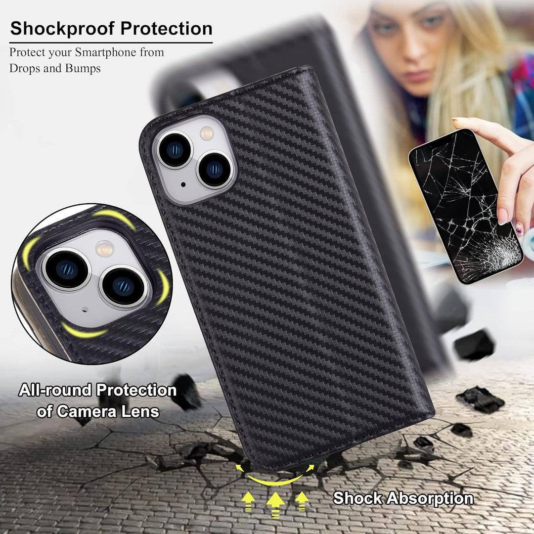 VISOUL iPhone 14 Plus Hülle, Handyhülle [100% Carbon Leder] [RFID Schutz] [Schützt vor Stoss] [Stand