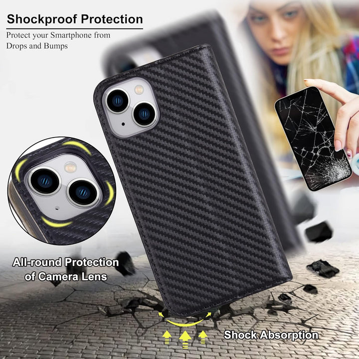 VISOUL iPhone 14 Plus Hülle, Handyhülle [100% Carbon Leder] [RFID Schutz] [Schützt vor Stoss] [Stand