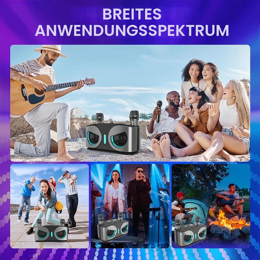Karaoke Maschine mit 2 Mikrofonen, Tragbare Karaoke Anlage mit DJ-Lichtern für Partys zu Hause, im F