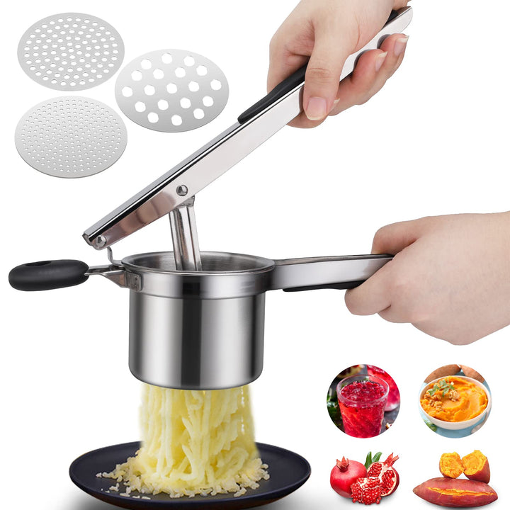 Kartoffelpresse Edelstahl,Gemüse Kartoffelpüree Kartoffelstampfer mit 3 Austauschbare Spätzlesieb,Ru
