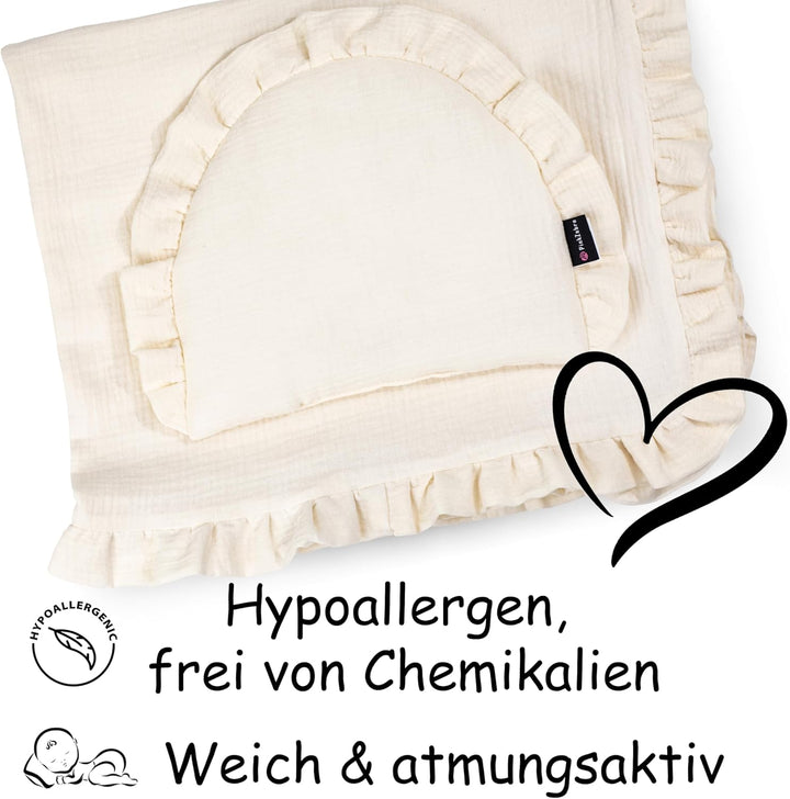 PinkZebra GOTS Musselin-Bettwäsche mit Rüschen für Babys, Set Babybettwäsche: weiches Flachkissen +