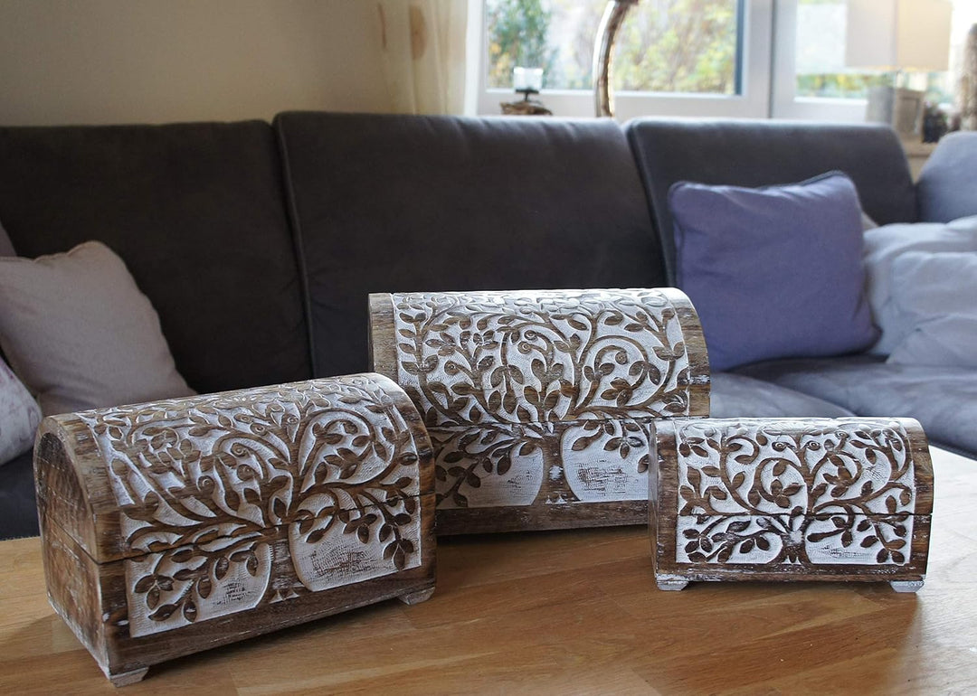 3 er Set Schatztruhen Baum des Lebens, massive Holz-Schatullen max.28 x 20 x 19 cm, white wash … Whi