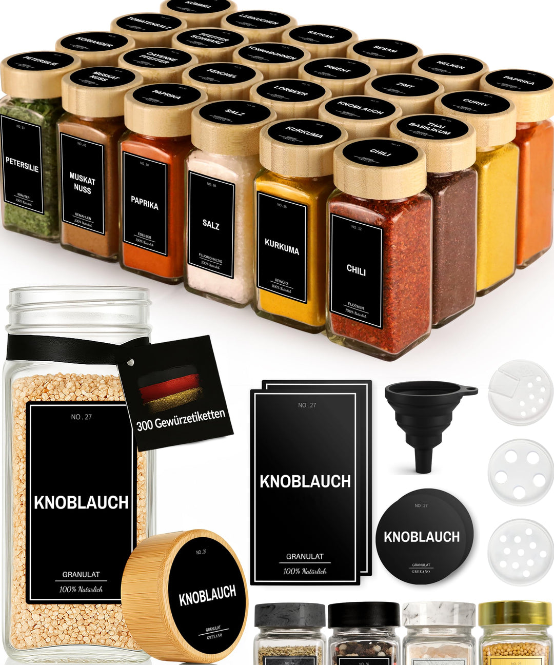 Greeano Gewürzgläser Set mit Holzdeckel [24x 120ml] und 300 Gewürzetiketten [DE] - Gewürzgläser ecki