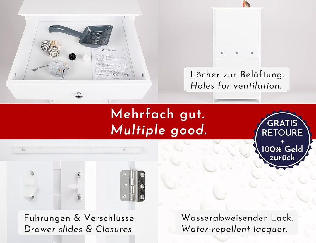 Katzenschrank für Katzentoilette gross hoch aus Holz, Katzenklo-Schrank Kommode mit Schublade und Tü