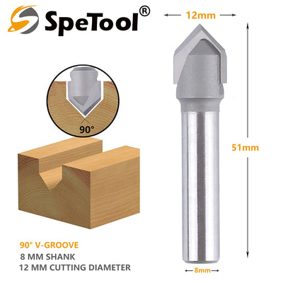 SpeTool Fasenfräser 8mm Schaft 90 Grad Gravierstichel V Nutfräser CNC Fräser Schaftfräser 12mm Schne