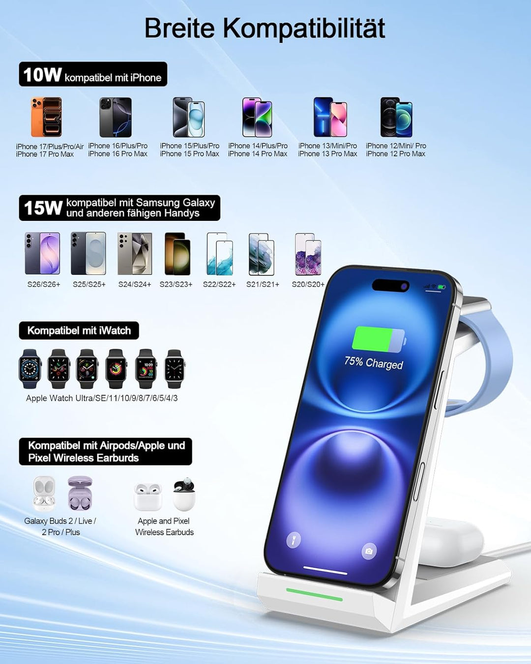 3 in 1 Induktive Ladestation Apple Watch und iPhone, Kabelloses Ladegerät für iPhone 17/16/15/14/13/