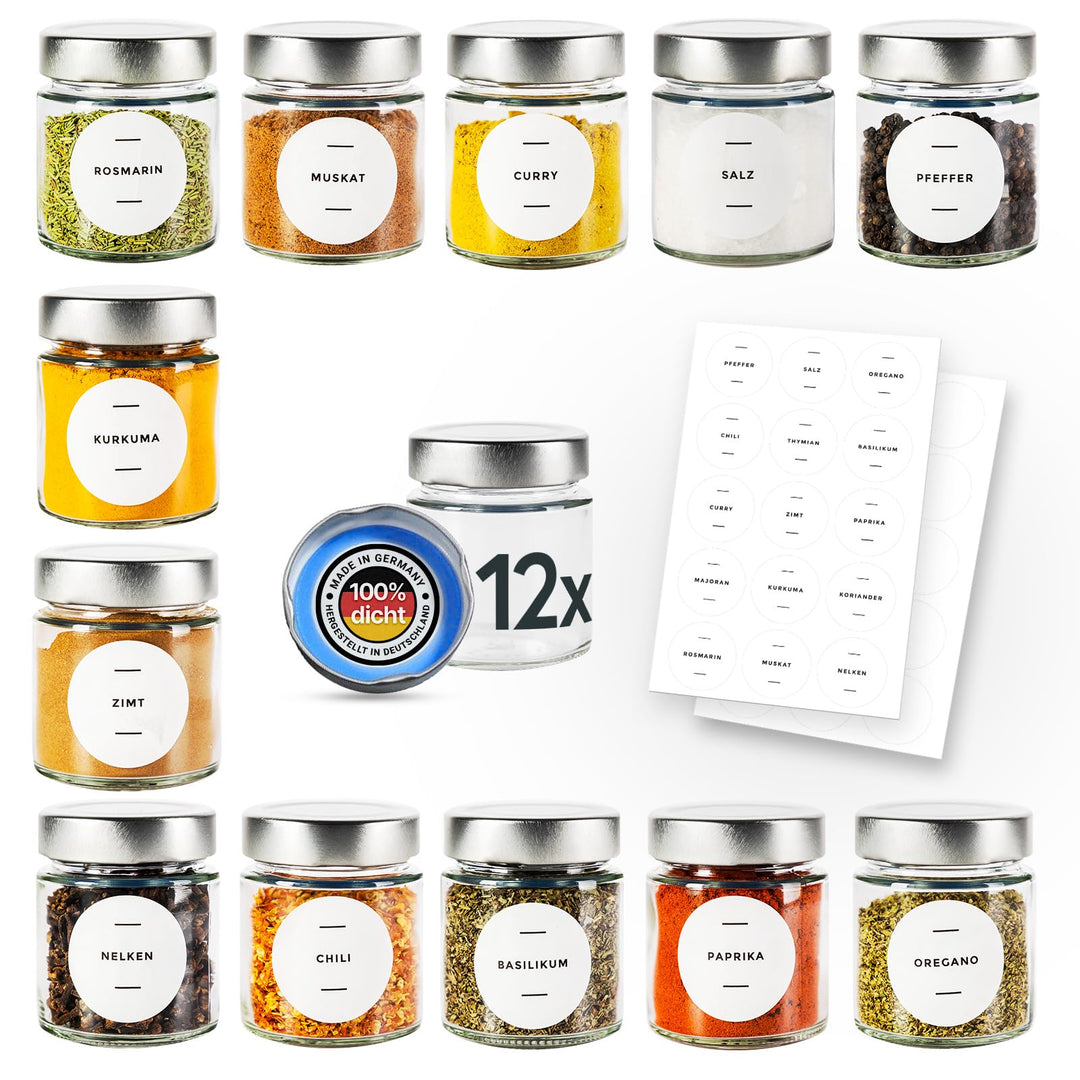 PUREGANIC® Gewürzgläser Set 12x 150 ml kleine Schraubgläser mit Deckel & Etiketten selbstklebend/Gew