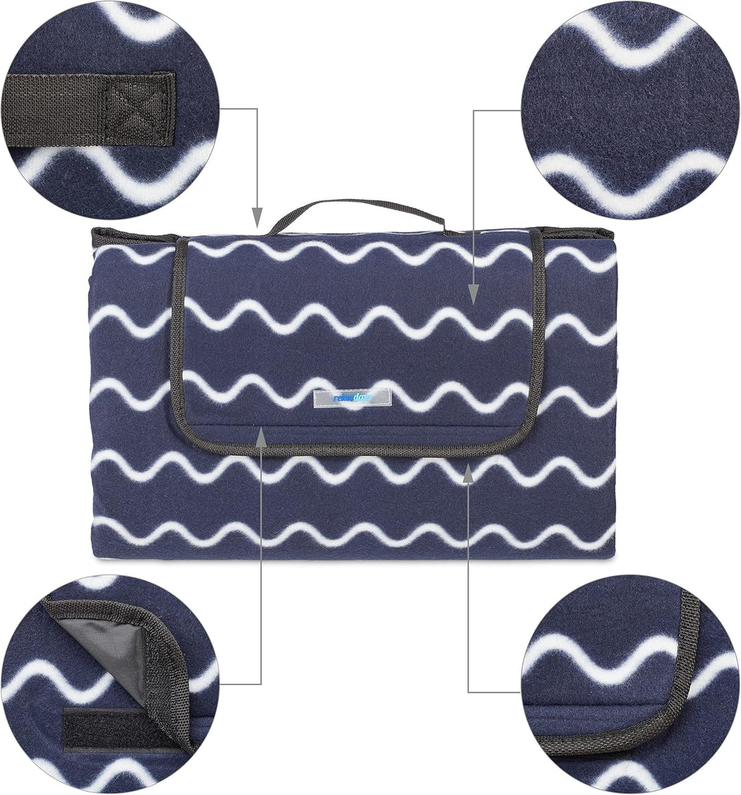 Relaxdays XXL Picknickdecke, 200x200 cm, Fleece Stranddecke, wärmeisoliert, wasserdicht, mit Tragegr