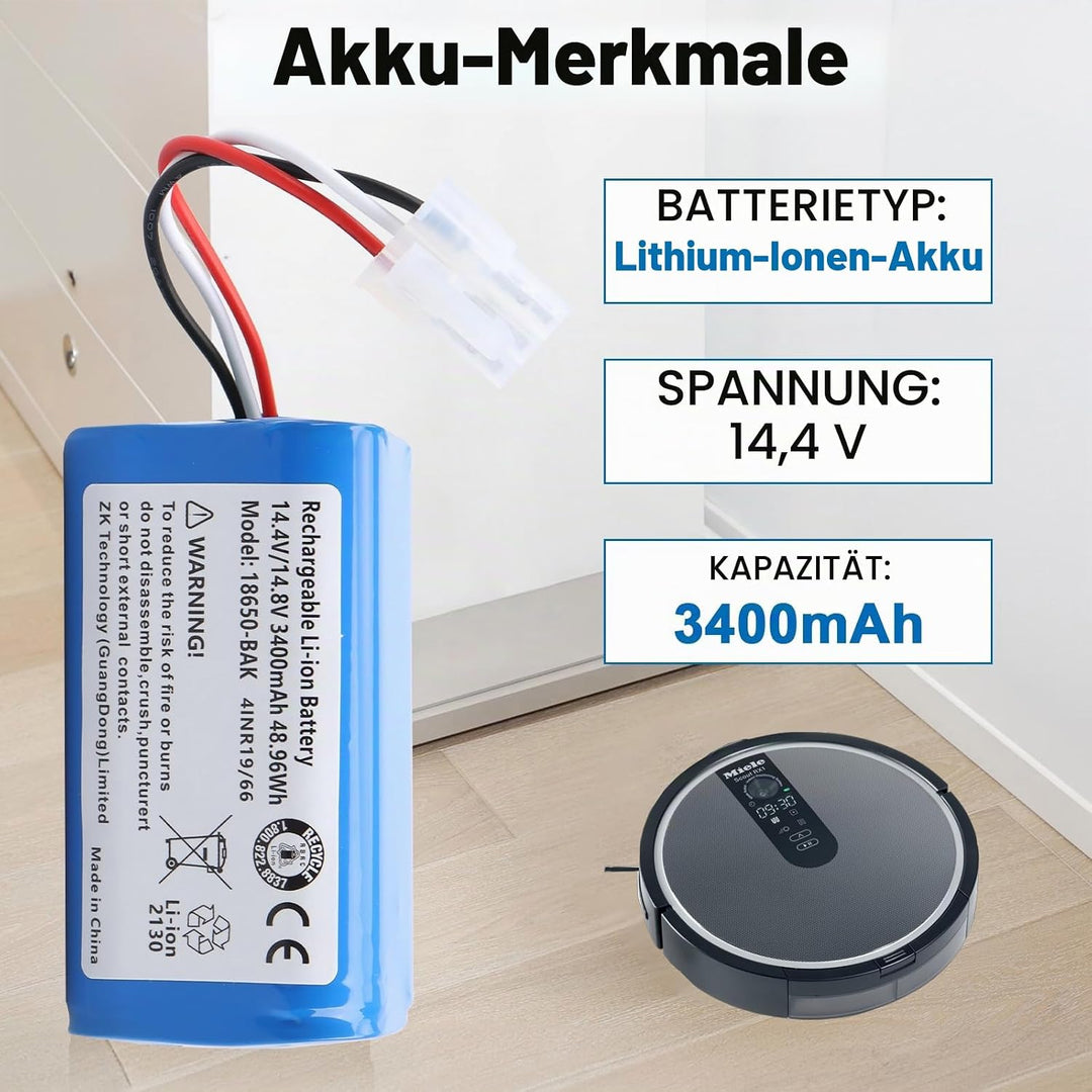 14,4 V 3400 mAh Lithium-Ionen-Akku, kompatibel mit Miele Scout RX1, RX1-SJQL0, RX2 60, RX3 60 (Miele
