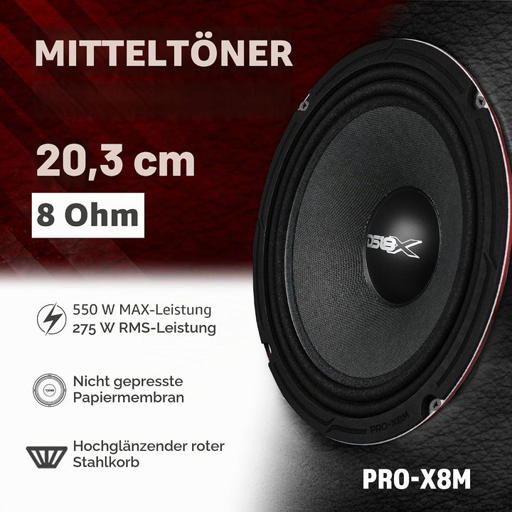 DS18 PRO-X8M Auto-Mitteltöner-Lautsprecher, 20,3 cm (8 Zoll), 550 W, 8 Ohm, Bass-Lautsprecher 20,3 c