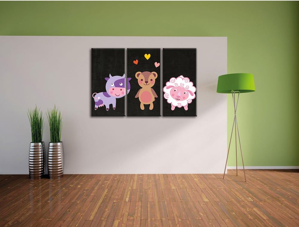 Pixxprint Kuh Teddy und Schaf als Leinwandbild/Grösse: 3 Teilig (120x80) cm/Wandbild/Kunstdruck/fert