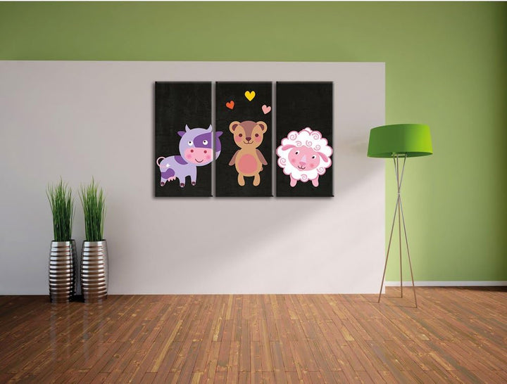 Pixxprint Kuh Teddy und Schaf als Leinwandbild/Grösse: 3 Teilig (120x80) cm/Wandbild/Kunstdruck/fert