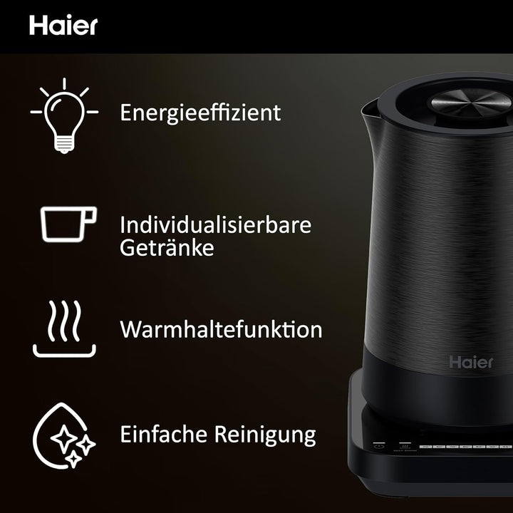 Haier Wasserkocher mit Temperatureinstellung aus Edelstahl 1,7 Liter I Energiesparender Kettle mit 7
