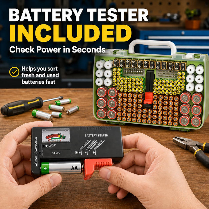 Batterie-Organizer, Aufbewahrungskoffer mit doppelseitiger Garagenbox mit Tester, Batteriebehälter f