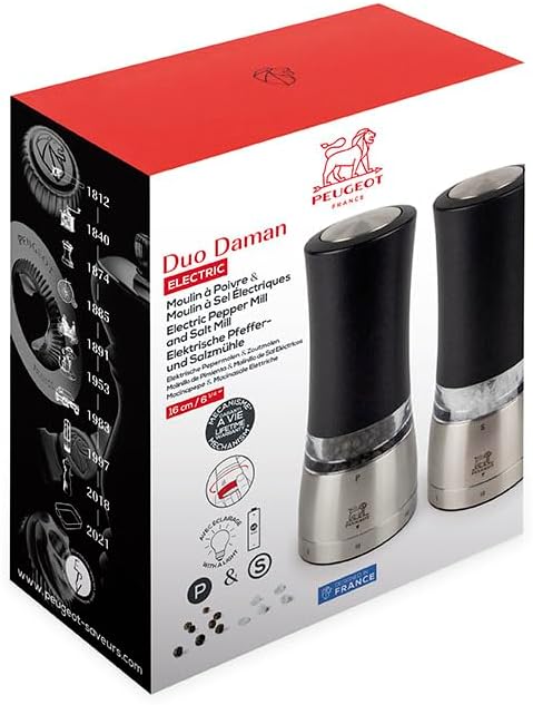 PEUGEOT - elektrische u‘Select-Pfeffer- und Salzmühlen Daman 16 cm im Set + Pfefferkörner + Steinsal