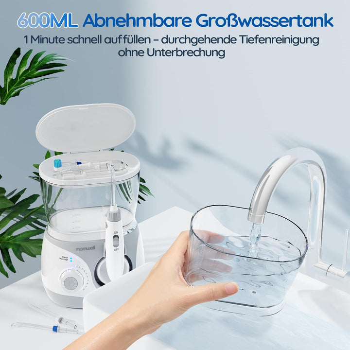 Mornwell Munddusche, Elektrische Professional Zähne mit 10 Druckstufen und 6 Düsen, 2 Modi & 600ml Z