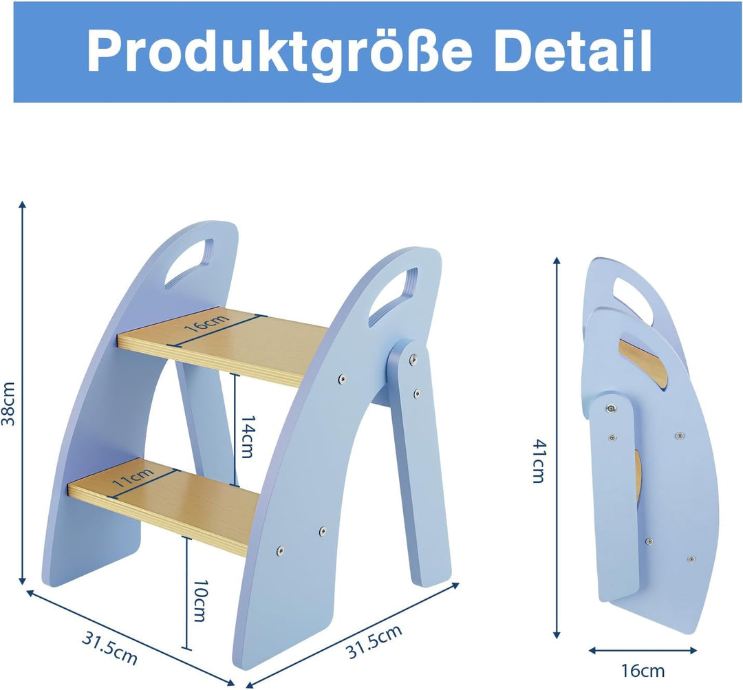 Tritthocker Kinder 2 Stufen, Trittleiter Klappbar Holz mit Griff, Tragfähigkeit bis zu 135KG, Tritts