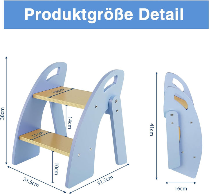 Tritthocker Kinder 2 Stufen, Trittleiter Klappbar Holz mit Griff, Tragfähigkeit bis zu 135KG, Tritts