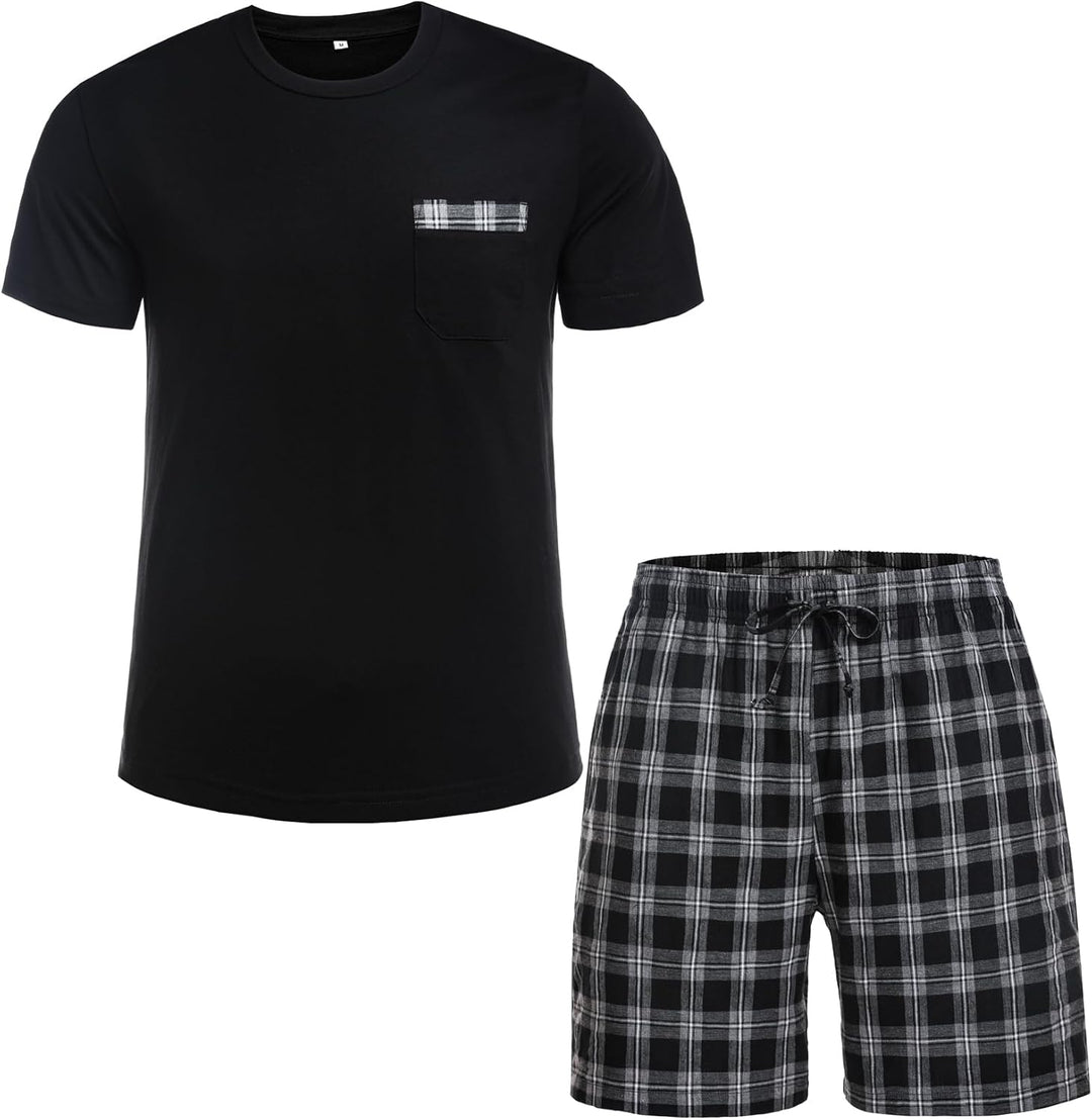 Winovia Schlafanzug Herren Kurz Pyjama 100% Baumwolle Kurzarm Nachtwäsche Nightwear Set mit Rundhals