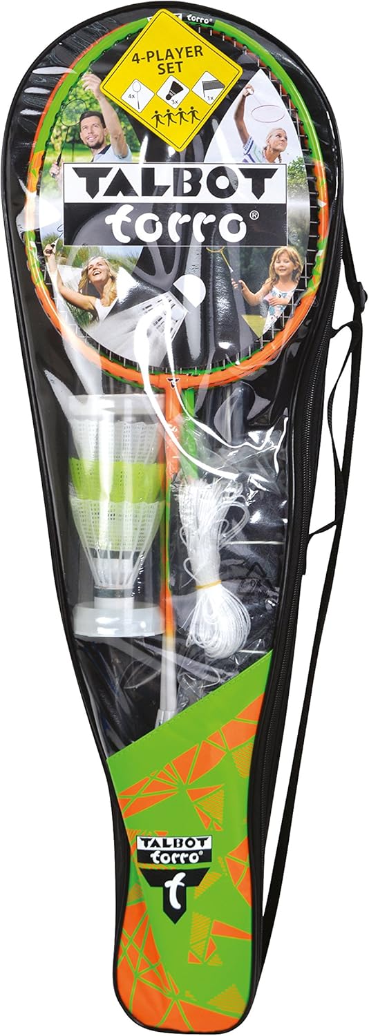 Talbot-Torro Badminton-Set 4-Attacker Plus, Kolmplettset mit 4 Schläger, 3 Federbälle, komplette Net