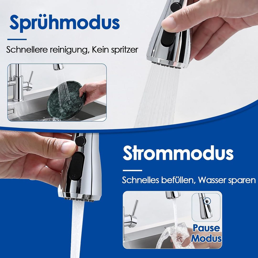 ROVOGO Chrom 3 Wege Wasserhahn Küche mit Filter, Küchenarmatur Hochdruck mit Brause Ausziehbar, 360°
