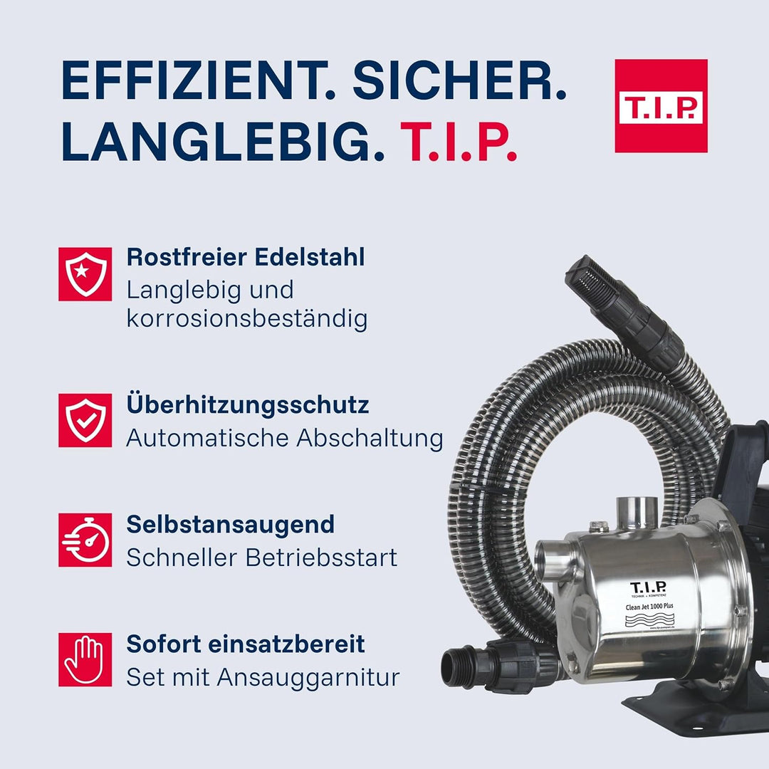 T.I.P. Gartenpumpe Edelstahl mit 4 m Ansauggarnitur (3.300 l/h Fördermenge, 46 m Förderhöhe, 4,6bar