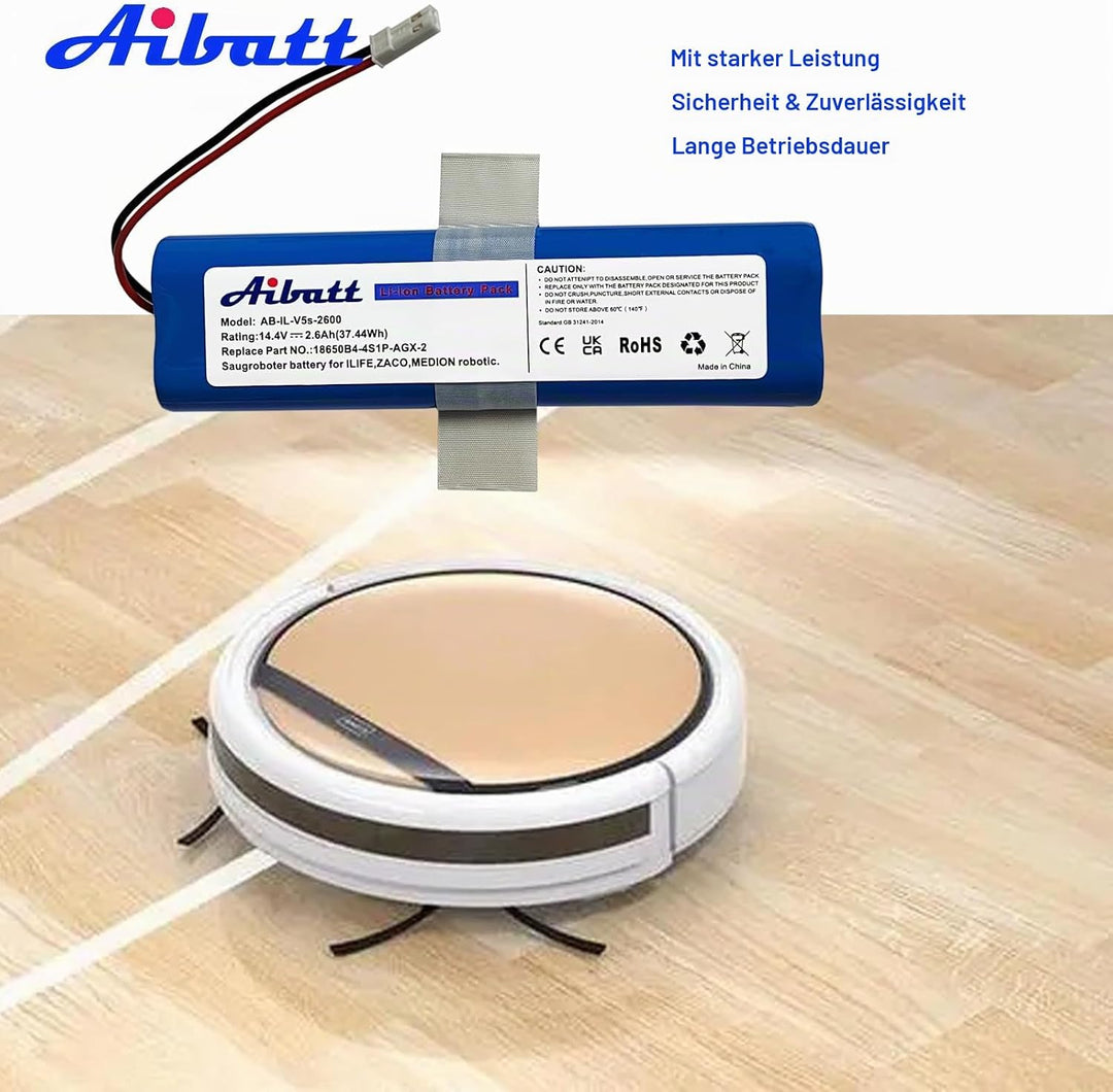 Aibatt Li-ion akku,Ersatzakku für iLife Zaco V5s Pro,V5x,V4,V3s Pro,V8s,V50,V80,V85 Home Cleaner Hei