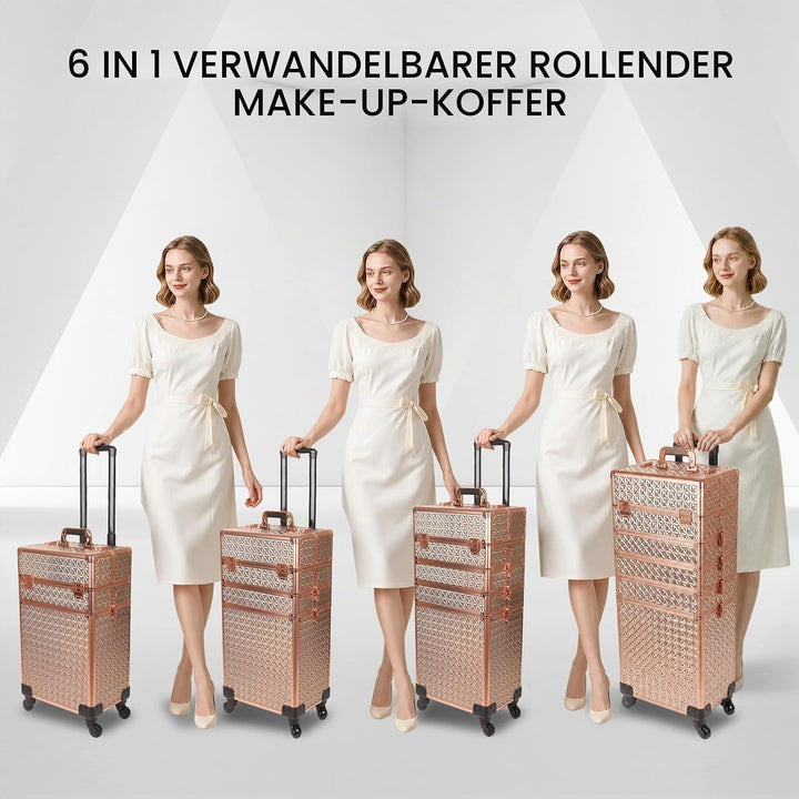 Kosmetikkoffer Trolley, 6-in-1 Schminkkoffer mit Spiegel &amp; Schloss, Grosser Kosmetik Reisekoffer Mak