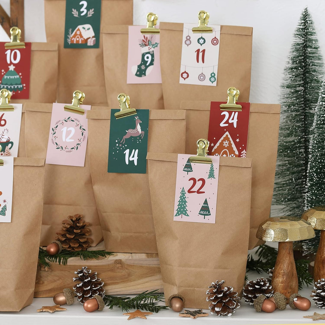 Papierdrachen DIY Adventskalender zum Befüllen - 24 Geschenktüten und 24 Visitenkarten mit Zahlen un
