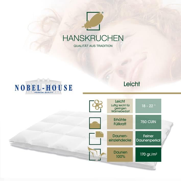 Hanskruchen Nobel House Luxus Daunendecke, Leicht, 90% Daunen / 10% Federchen, 155 x 220 cm, 155 x 2