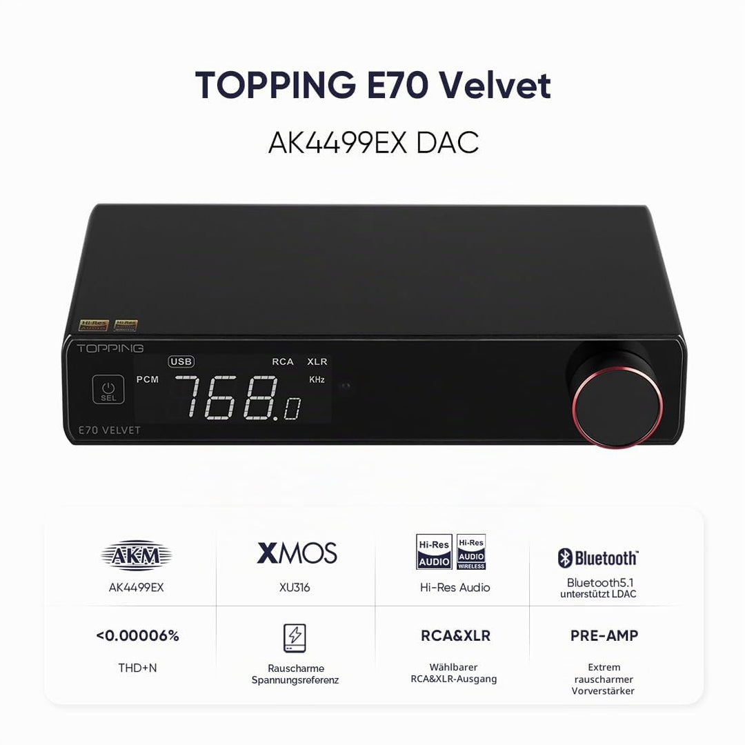 TOPPING E70 Velvet Samt Vollsymmetrischer DAC AK4499EX XMOS XU316 DSD512 32Bit/768kHz Decoder Blueto