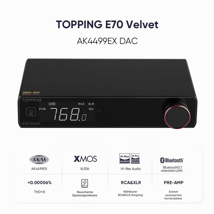 TOPPING E70 Velvet Samt Vollsymmetrischer DAC AK4499EX XMOS XU316 DSD512 32Bit/768kHz Decoder Blueto