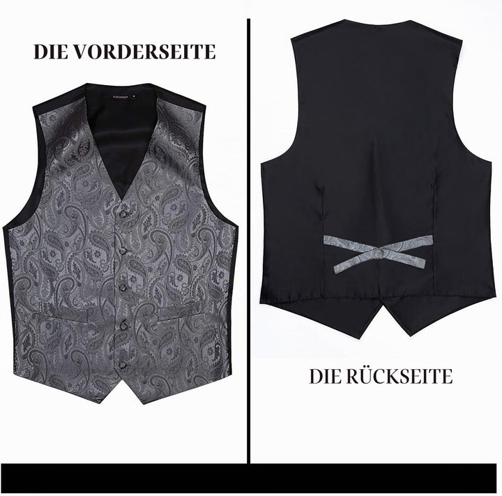 HISDERN Herren Weste Paisley Floral Jacquard Krawatte Einstecktuch Taschentuch Weste Anzug Set XS Gr