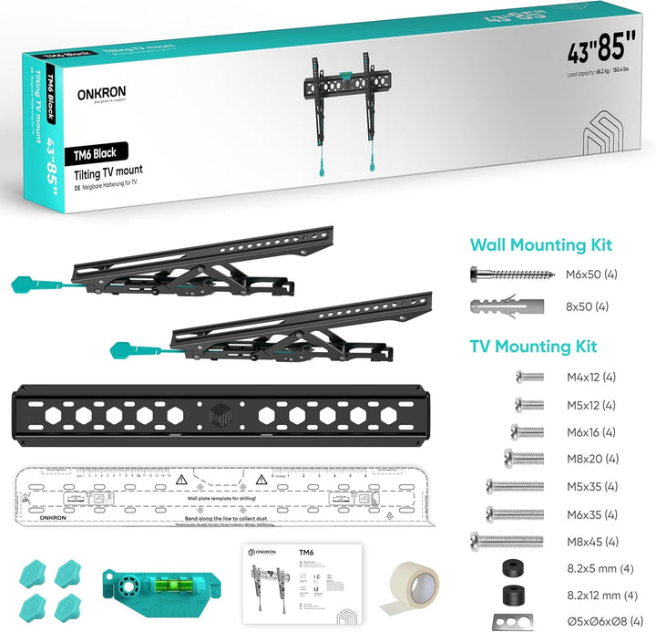 ONKRON TV Wandhalterung neigbar für 43-85 Zoll Fernseher bis 68.2 kg, TV Halterung flach, Ultra Slim