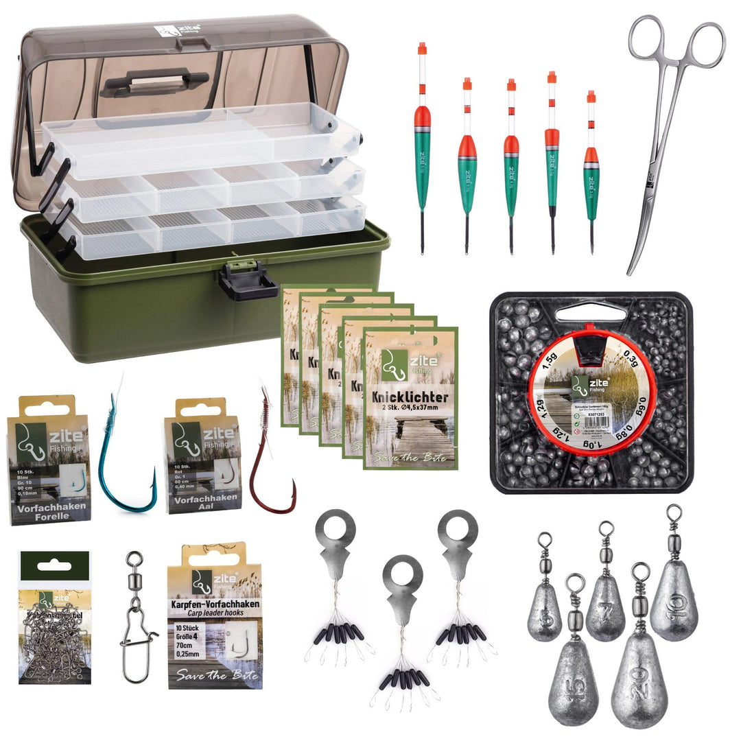 Zite Fishing Angelkoffer-Set mit viel Zubehör | Angelhaken, Posen, Bleie, Wirbel uvm. | Grundausstat