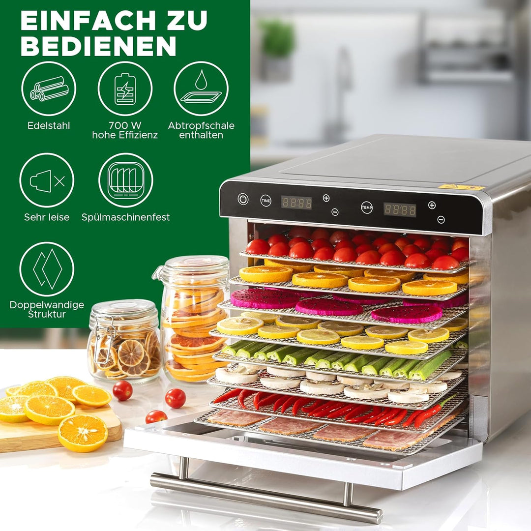 Kwasyo Dörrautomat Edelstahl DA 800, 8 Edelstahl-Dörrtabletts, LED-Display, 24 Std. Zeitschaltuhr,Te