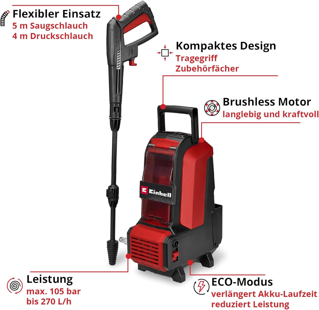 Einhell Akku-Hochdruckreiniger HYPRESSO 36/105 Power X-Change (36 V, 105 bar, 270 L/h, 4 m Hochdruck
