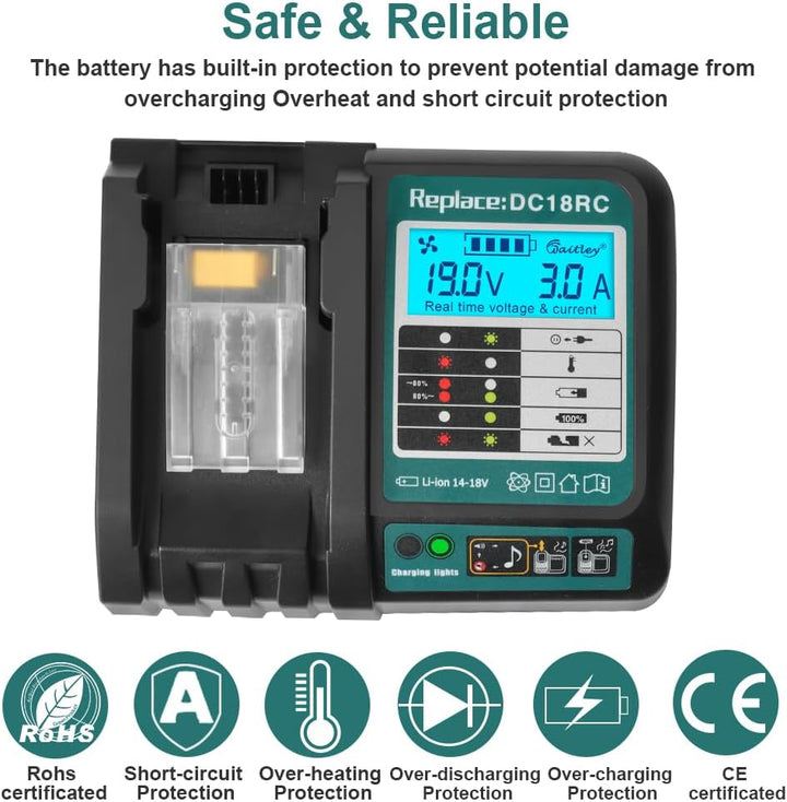DC18RC 18V Schnellladegerät Kompatibel mit Makita 14,4 V-18 V Ersatzakku mit LCD-Anzeige BL1830B BL1