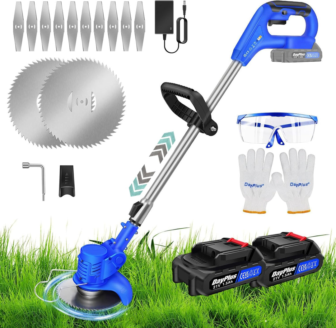DayPlus Schnurloser Strimmer Rasentrimmer mit 2 Akkus, Leichter, einziehbarer, wiederaufladbarer Gra