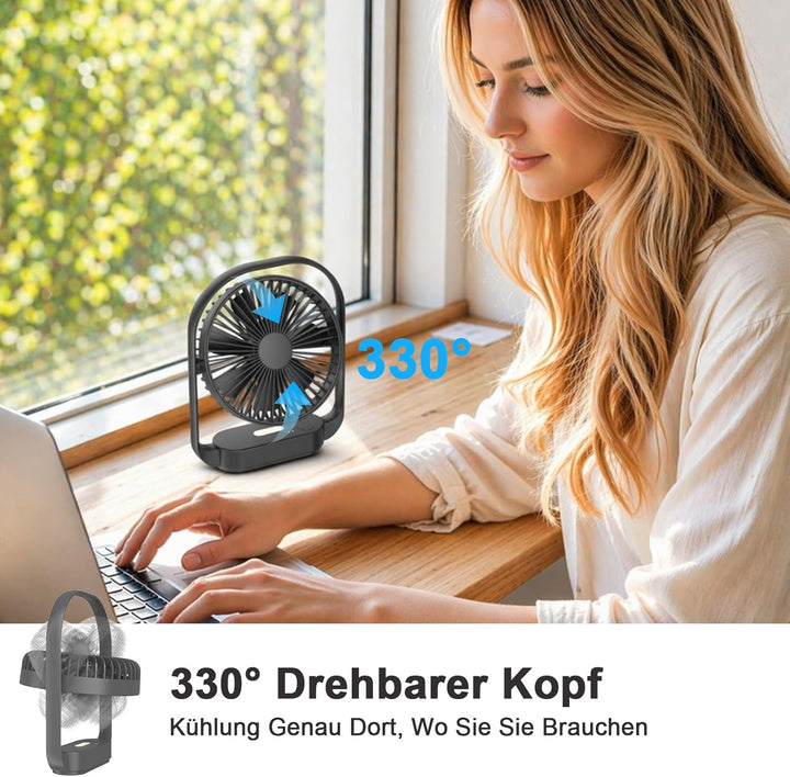 SURFOU Ventilator 4000mAh Akku, Kabelloser Tischventilator mit 4 Stufen und 2 Nachtlicht-Modi, USB-C