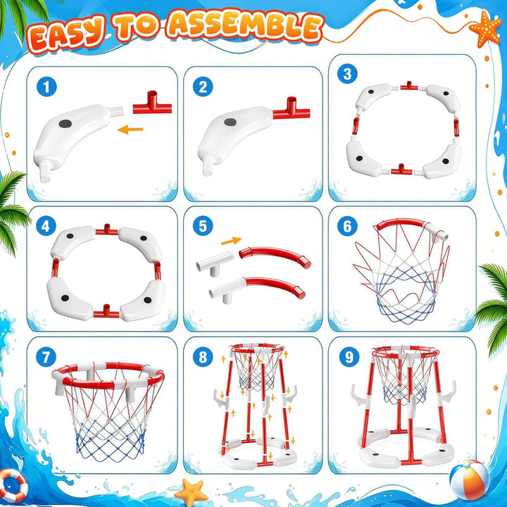 3-In-1 Pool Basketballkorb Outdoor, Schwimmender Basketballkorb, Pool Spielzeug Mit 4 Basketbälle,12