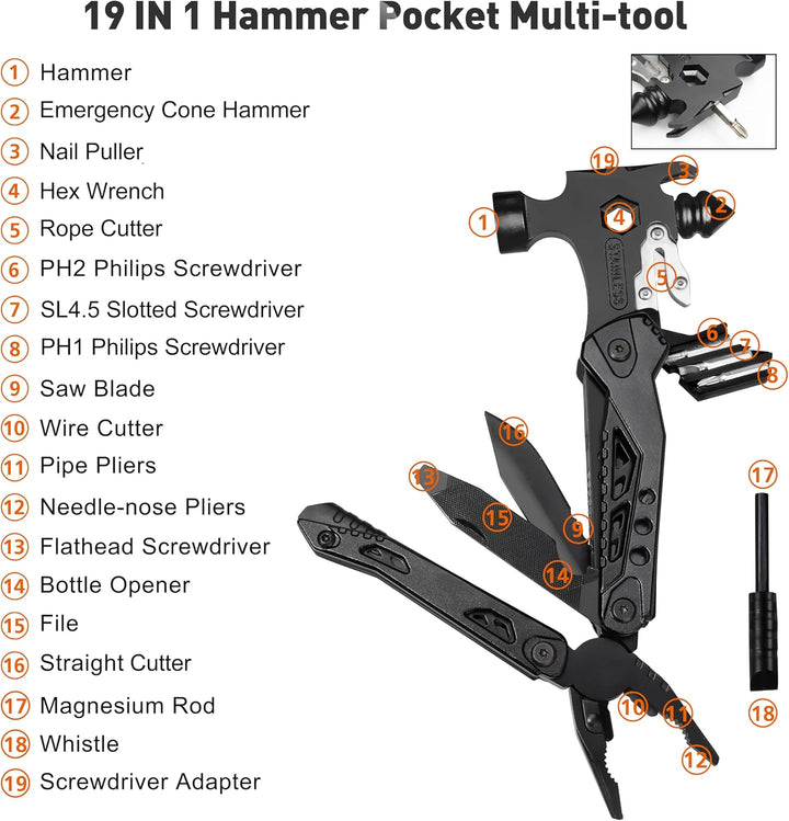 WayinTop Werkzeug Geschenke für Männer, 37 in 1 Taschenwerkzeug Multi-Tool Hammer mit Schneeflocken