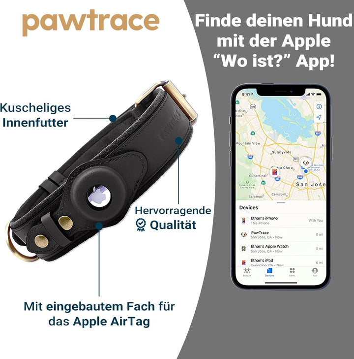 PawTrace Airtag Hundehalsband Leder. Stabiles Halsband aus Echtleder kompatibel mit Apple AirTag. Ko
