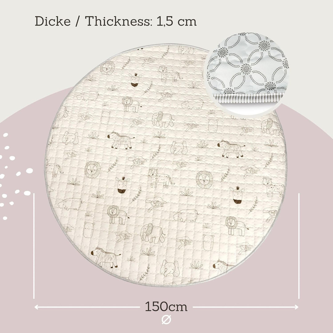 Gesteppte Krabbeldecke Baby 150cm, Safari Tiere– extra Dicke 1,5cm weiche Baby Krabbelmatte – Baby S