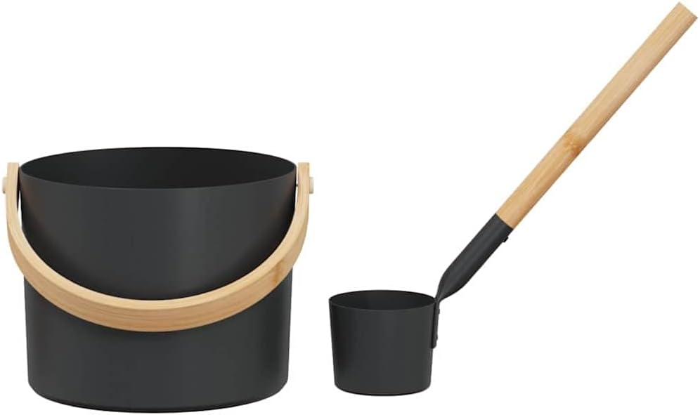 Sauna Zubehör Set 2-teilig Schwarz aus Aluminium und Kiefernholz mit 7L Eimer und Schöpflöffel für I