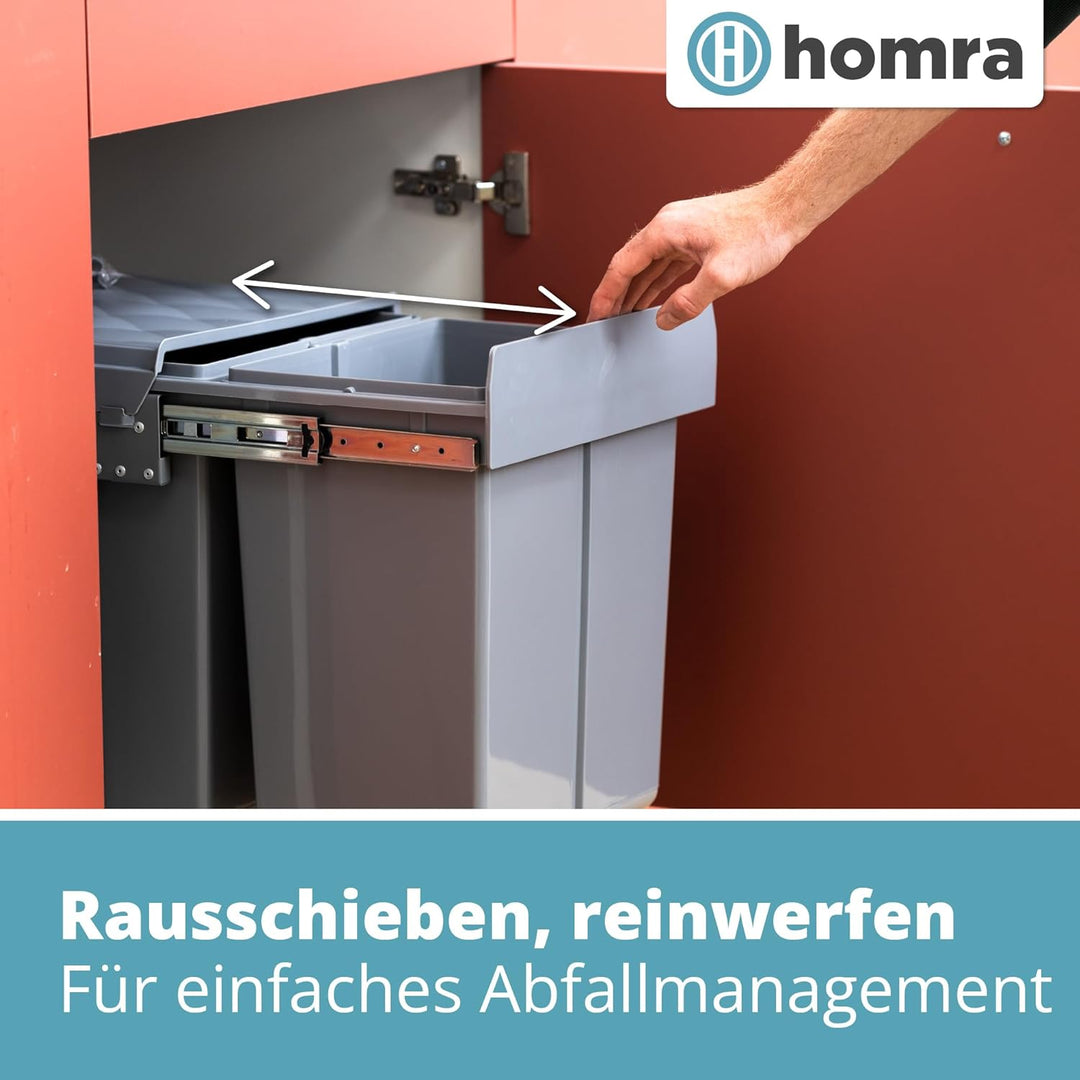 Homra Mülleimer 2 Fächer Ausziehbar | Einbaumülleimer Küche 2x20l | Mülltrennsystem Unterschrank | D