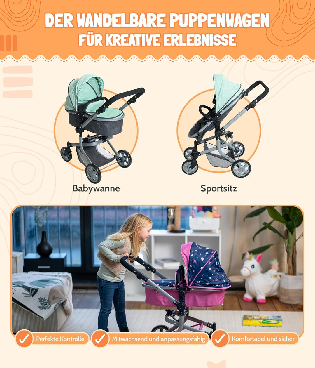 Bayer Chic 2000 - Puppenwagen Mika, 2in1 Kombipuppenwagen für Kinder von 4 bis 8 Jahren, Kinderwagen