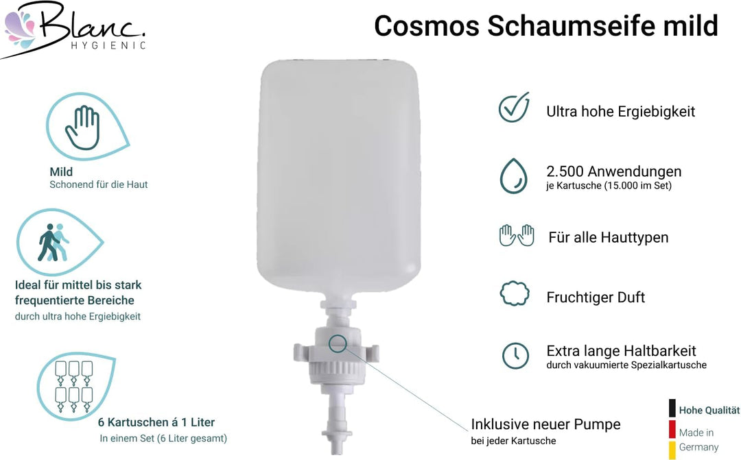 Blanc HYGIENIC Schaumseife mild, 2.500 Anwendungen je Liter, für Blanc Cosmos Schaumseifenspender SE