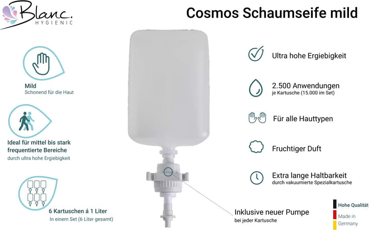 Blanc HYGIENIC Schaumseife mild, 2.500 Anwendungen je Liter, für Blanc Cosmos Schaumseifenspender SE